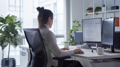 An office worker at an ergonomically designed workstation, adjusting their chair and monitor. Dynamic and dramatic composition, with cope space