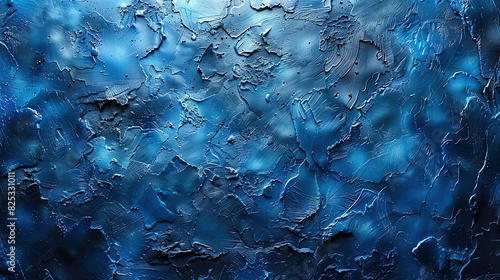  A photo of a blue painting with water droplets on the surface and paint chips peeling off it