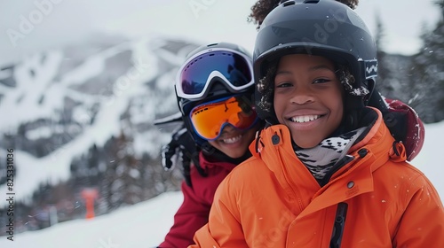 joyful african american mother and son skiing snowy mountain resort winter family bonding