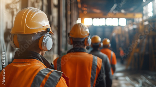 Workers in a noisy environment wearing ear protection devices. Dynamic and dramatic composition, with cope space