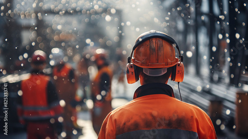 Workers in a noisy environment wearing ear protection devices. Dynamic and dramatic composition, with cope space