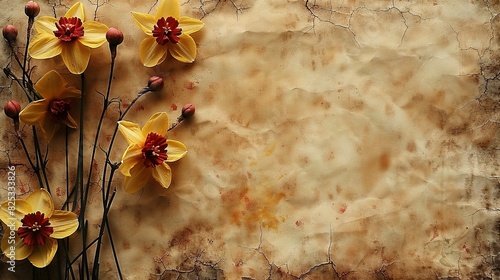  A cluster of golden blossoms resting atop a sheet of paper positioned above a wooden platform near the wall