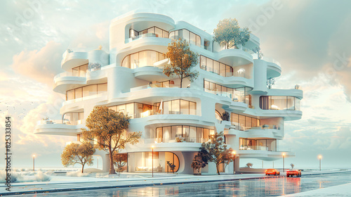 Contemporary Suburban Luxury: Elegant Residential Architecture in a Wealthy Urban Area with Curved Design Elements and Large Windows Wallpaper Digital Art Poster Brainstorming Map Magazine Background 