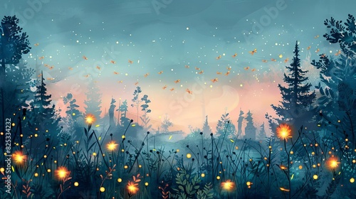 A summer evening at a magical firefly festival, whimsical, watercolor, soft hues