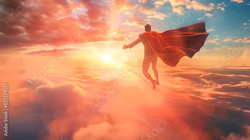 A businessman in superhero suit in the mid air. Business success concept