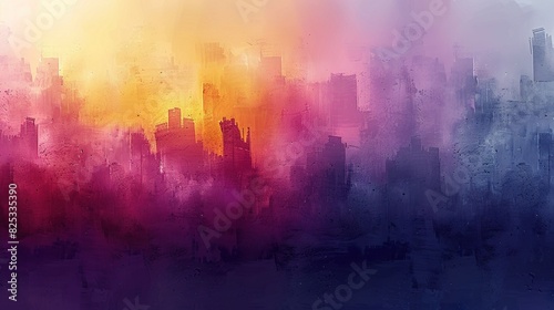  An abstract painting of a vibrant cityscape in shades of purple, orange, yellow, and pink, featuring architectural elements in the foreground