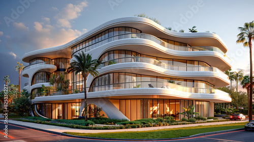 Contemporary Suburban Luxury: Elegant Residential Architecture in a Wealthy Urban Area with Curved Design Elements and Large Windows Wallpaper Digital Art Poster Brainstorming Map Magazine Background 