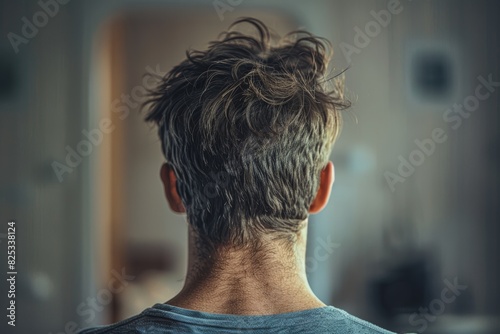 Closeup of a person with a serious expression, rare view from behind, intense focus, detailed features, natural light, high resolution, stock photography