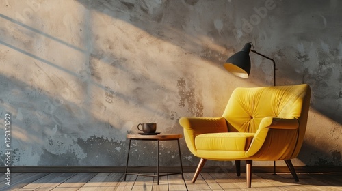 A yellow armchair with a lamp and coffee cup on a table against a wall background, an interior design of a modern home living room, the photo taken