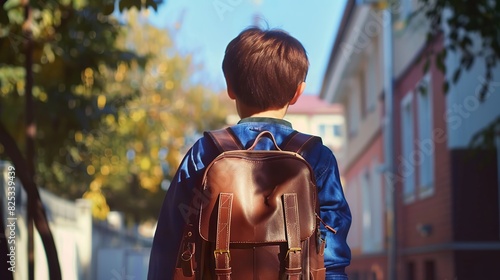 Boy with backpack going to school. The new academic semester year start with friend at school background