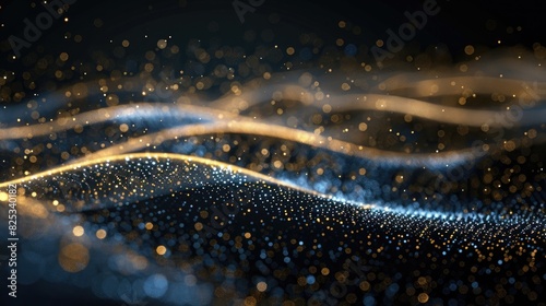 Abstract blue and gold glowing light curved wave on black background with bokeh effect. Abstract glittering dust trail. Concept of beautiful and shining night sky, space or futuristic technology