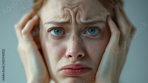 Closeup of a person shaking their head with a baffled expression, detailed face, neutral background, high resolution, lack of knowledge, stock photography