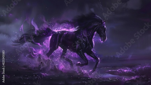stunning black stallion with vibrant purple mane galloping through the night equine fantasy digital art