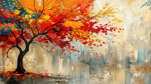  A tree's red, yellow, and blue leaves fall off in a painting