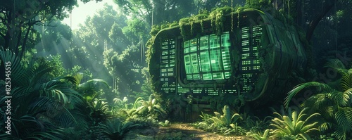 An overgrown supercomputer in the middle of a jungle, its screens displaying cryptic messages, surreal, vibrant colors, digital painting