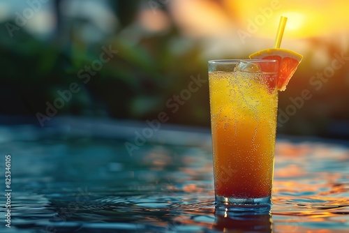 A glass of orange juice with a straw and a slice of orange on top