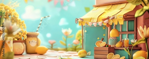 Kids lemonade stand with handmade sign and playful decor, cute and cheerful, warm tones, digital painting