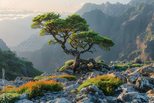 A tree is growing on a rocky mountain top