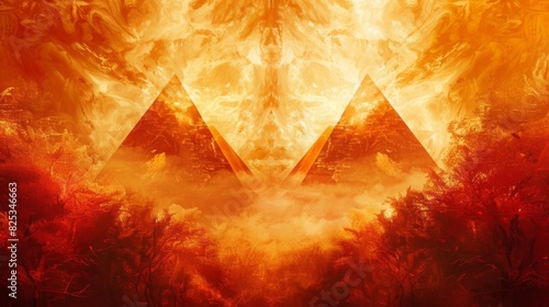 abstract autumnal landscape with fiery triangular patterns twin pyramids amidst flames digital illustration