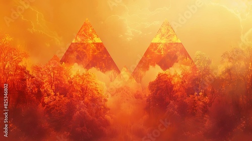abstract autumnal landscape with fiery triangular patterns twin pyramids amidst flames digital illustration