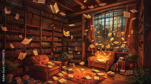 Magical library room with books flying and shelves filled with literature. Cozy atmosphere with armchairs and warm lighting.
