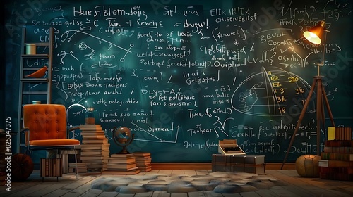 A vintage study room with chalkboard walls filled with complex mathematical equations