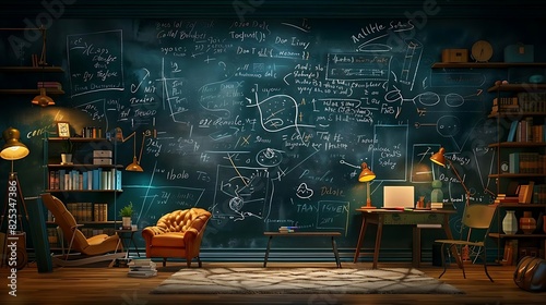 A vintage study room with chalkboard walls filled with complex mathematical equations
