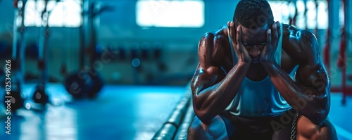 An athlete frustrated, sitting on the bench, head in hands, gym background, intense emotion, high detail, clear focus, sports theme, stock photo