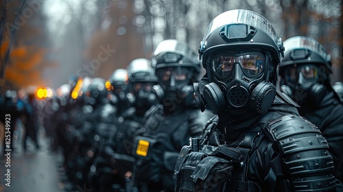 A group of police officers wearing gas masks and helmets stand in a line