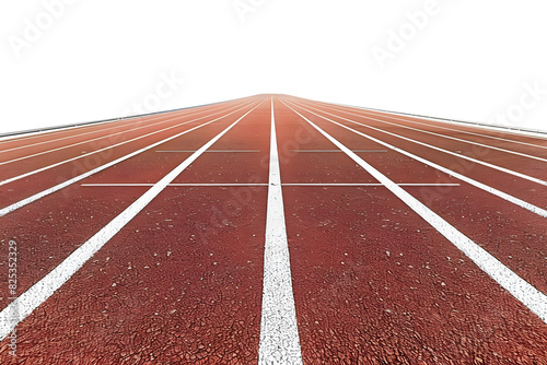 A red running track with white lines, extending towards a distant finish line. The track is empty and ready for competition.