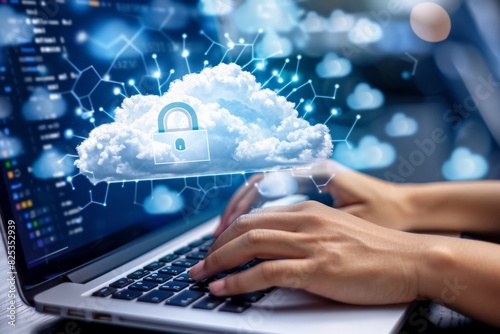 Innovative cloud computing security with data protection and modern tech integration, featuring vibrant yellow and blue elements and a tech themed design