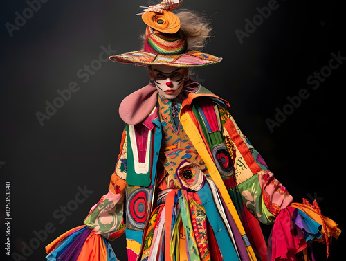 A woman wearing a vibrant dress and hat. ..clowncore circus aesthetic maximalist fashion