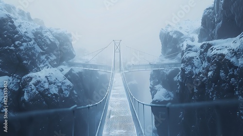 A minimalist steel bridge stretches across a snowy canyon, with frost-covered cliffs on either side. The sky is a pale, icy blue.