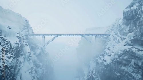 A minimalist steel bridge stretches across a snowy canyon, with frost-covered cliffs on either side. The sky is a pale, icy blue. 
