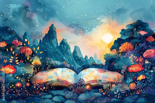 Enchanting open book amid vibrant, whimsical flowers and mountains, reminiscent of a magical, surreal fantasy world at dawn.