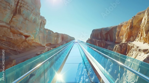 A sleek, modern glass bridge stretches over a narrow canyon, reflecting the brilliant midday sun. The sky is a vibrant azure blue.