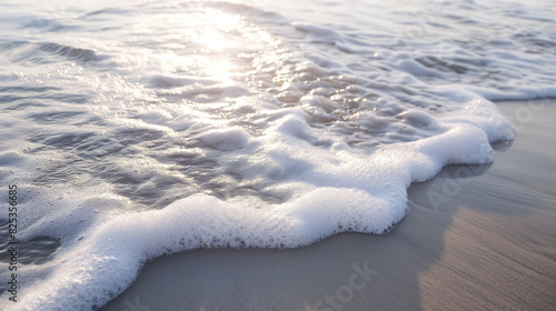 Gentle waves lapping at the shore, creating a serene and calming beach scene with soft sunlight reflecting on the water.