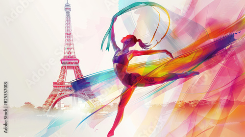 An elegant gymnast performs a graceful ribbon routine with vibrant colors, set against an abstract background of the Eiffel Tower