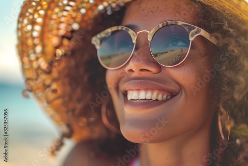 Closeup of a person smiling with sunglasses and hat, summer joy, photorealistic, Composite, sunny beach backdrop