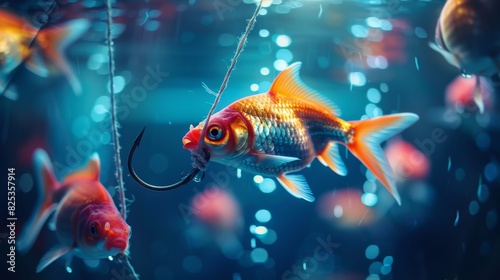 Colorful goldfish are swimming around a fishhook in a fish tank.