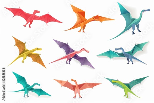 set of colorful pterodactyl dinosaurs isolated on white background prehistoric animals