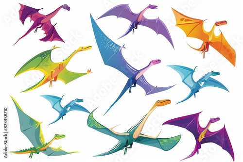 set of colorful pterodactyl dinosaurs isolated on white background prehistoric animals
