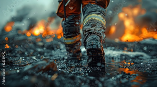 A firefighter is walking through a fire scene with his boots covered in mud