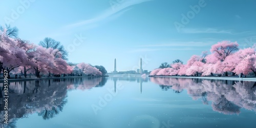 "Capturing the Essence of Washington DC: National Mall's Monuments and Cherry Blossoms in a Panoramic View". Concept Washington DC, Monuments, Cherry Blossoms, Panoramic View, National Mall