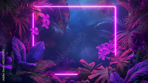 Moldura de néon brilhante na selva com licença e flores