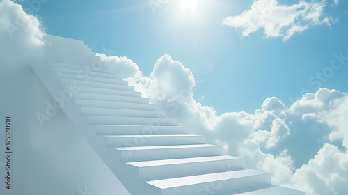 Escada branca que leva ao céu com nuvens e fundo azul