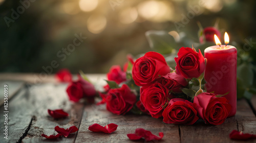 Um buquê de rosas vermelhas e uma vela acesa sobre uma mesa de madeira