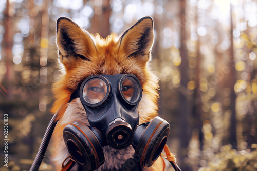A masked fox in a wild forest, the effects of air pollution on wildlife and nature
