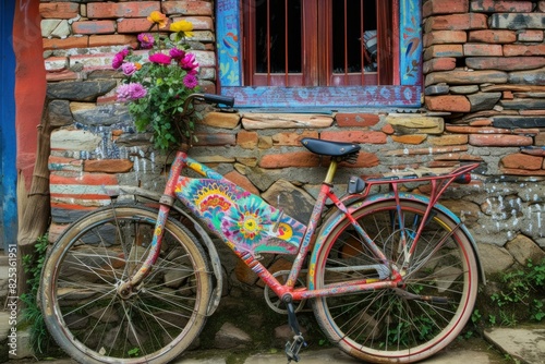 Vibrantly decorated bicycle rests against an old brick wall with a charming window and flowers