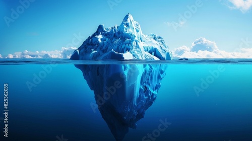 The photo shows the tip of an iceberg floating in the ocean. The iceberg is mostly hidden underwater, with only a small portion visible above the surface.